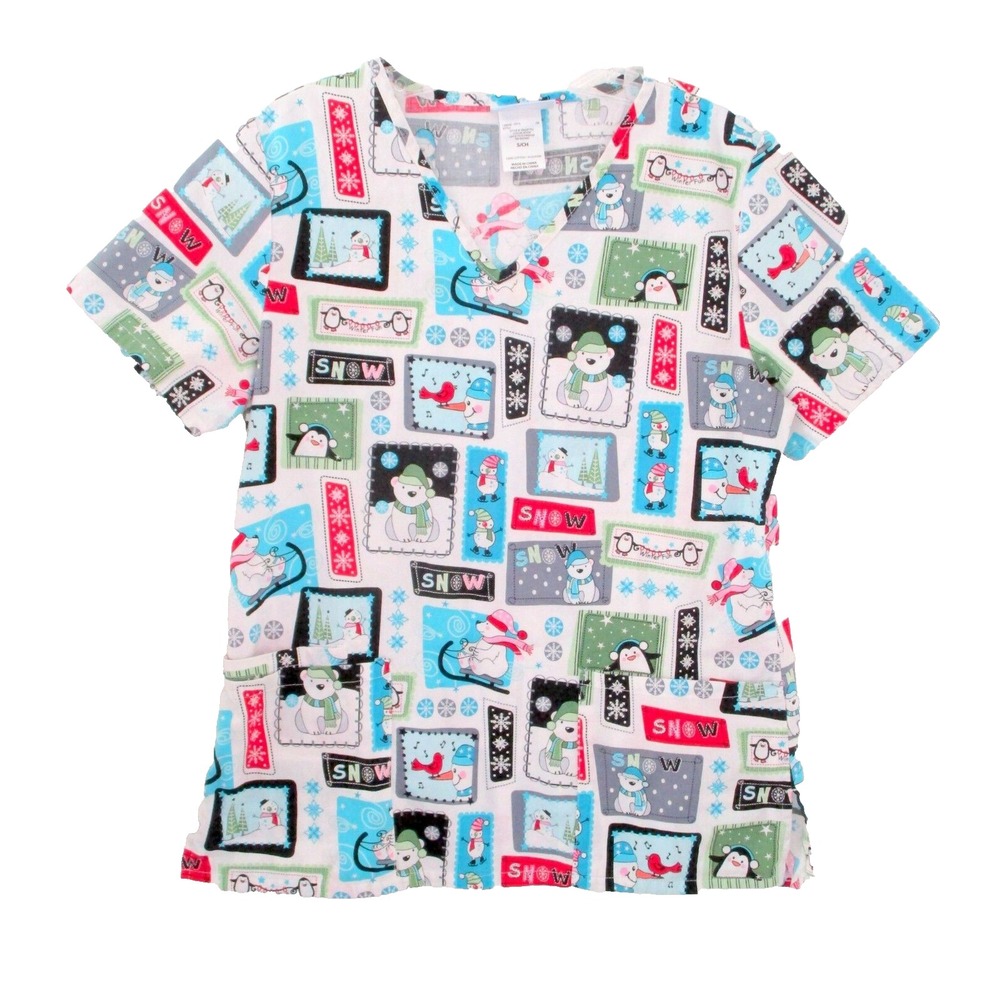 SB Scrubs Scrub Top Women's S V-Neck Winter Snow Penguins Polar Bears Snowmen